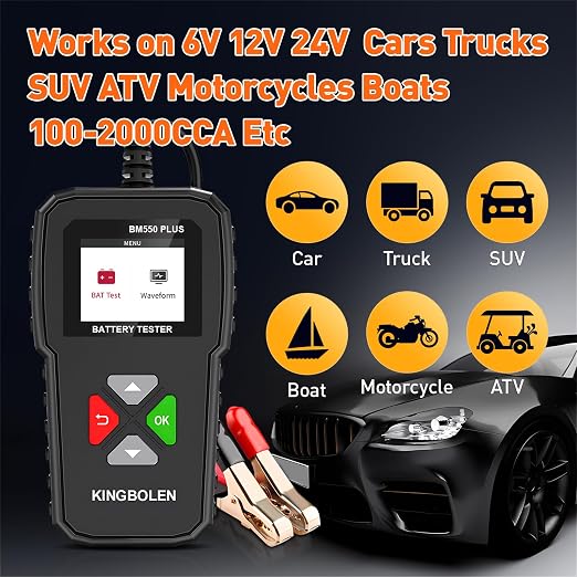 KINGBOLEN BM550 Plus 6V-24V 100-2000 CCA Car Battery Tester, Voltage Waveform Analyzer for Cars Trucks SUV Motorcycle