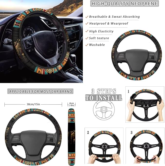 Dreaweet Mountain Bear Aztec Car Seat Covers Full Set 12 Pcs Southwestern Car Accessories Seat Covers with Steering Wheel Cover/Arm Rest Pads/Seat Belt Pads/Coasters/Gear Shift Cover/Handbrake Cover