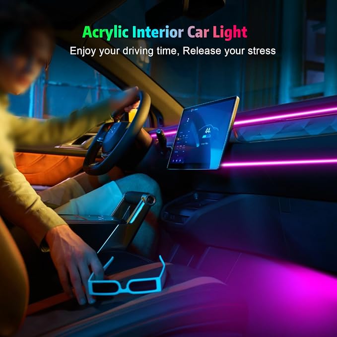 Acrylic Interior Car LED Strip Light, AMKI Car Neon Light with APP Control, 16 Million Colors Sound Activated Car Accessories Car Ambient Lighting Kit with RGB 18 in 1 and 213 Modes 175 inches 593 LED