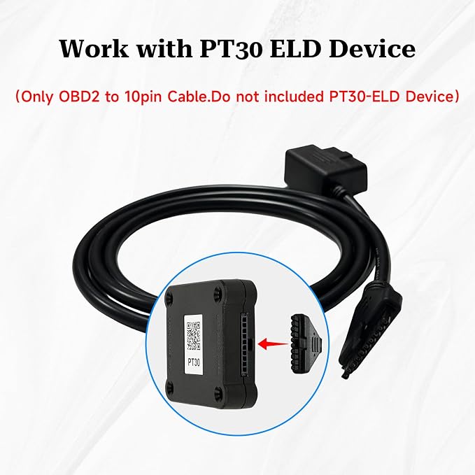 OBD2 16 Pin to 10 Pin Adapter Cable for PT30 HOS ELD Logbook,Compliant ECM w/DOT,Compatible with OBD 16pin Diagnostic Connector,Work for Freighliner/Kenworth/Peterbilt/Westernstar Truck
