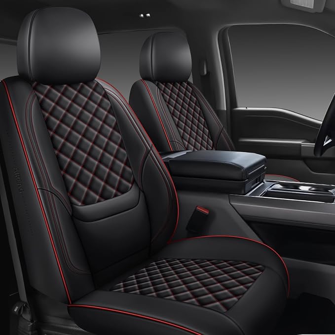 F150 Seat Covers 2015-2026 Front Pair, Truck Interior Sets with Lumbar Support Custom Fit for Ford F150 2015-2026, F250/F350/F450 2017-2026 Super Duty Crew Cab XLT XL Lariat Platinum,BlackRed