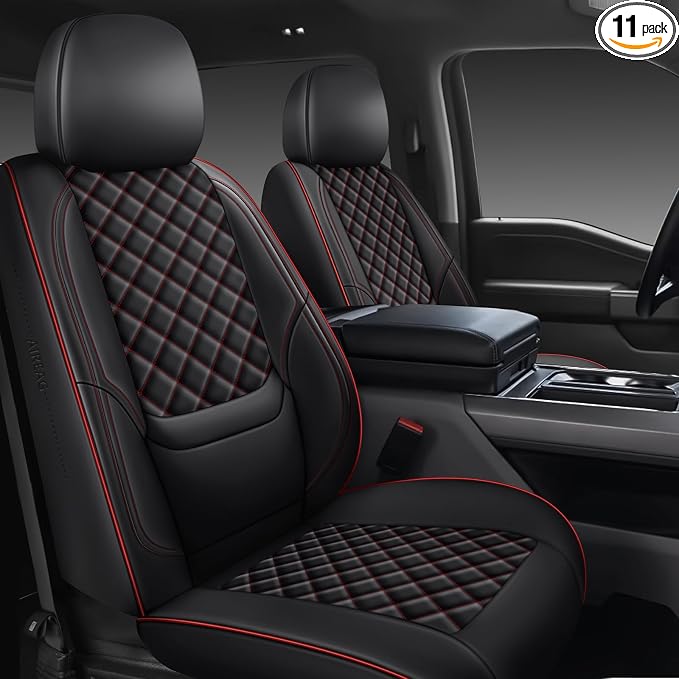 F150 Seat Covers 2015-2026 Full Set, Truck Interior Sets with Lumbar Support Custom Fit for Ford F150 2015-2026, F250/F350/F450 2017-2026 Super Duty Crew Cab XLT XL Lariat Platinum, BlackRed