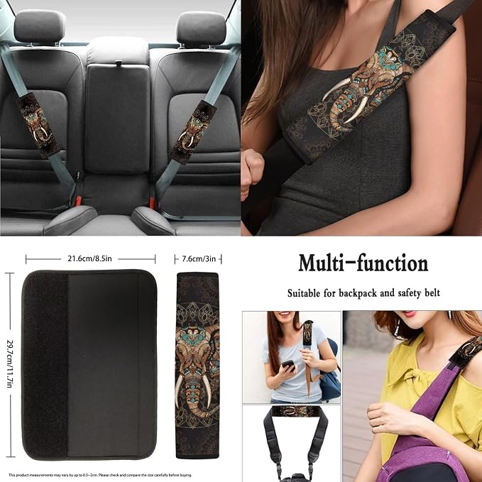 8 Pcs Aztec Elephant Car Seat Covers Full Set Car Accessories for Women Front Seat Cover Steering Wheel Armrest Cover Seat Belt Cover for Auto SUV Interior Decoration