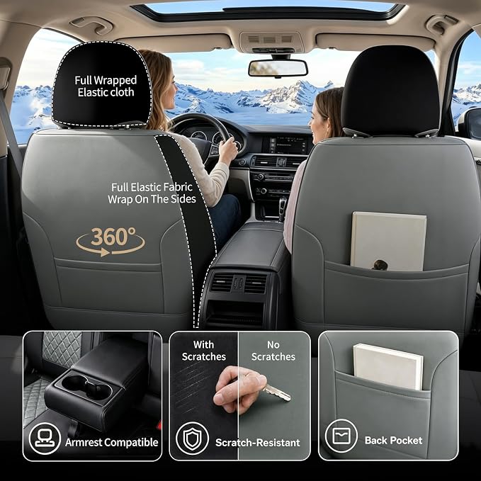 Fit Escape Car Seat Covers for Ford Escape 2001-2025 2026 - Luxury Leather, Anti-Slip, All-Weather, Waterproof & Breathable, Airbag Compatible, 2 Front Seats Only (Gray)
