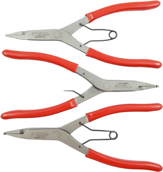 Wilde Lock Ring Plier Set 3pc Straight Right Angle and Thin Bent Curved 9" Length Made In USA G409.NP, G408.NP, and G407.NP Pliers