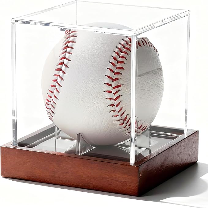 Fitense Clear Acrylic UV-Protected Sports Display Case with Solid Wood Base for Autographed Memorabilia, Baseball