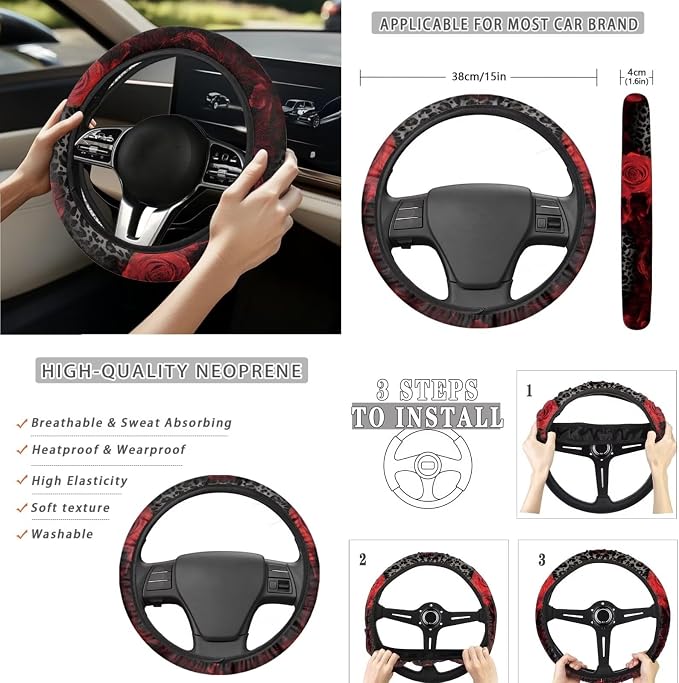 15 Pcs Black Leopard Car Seat Covers Full Set for Women Goth Rose Car Accessories Interior Car Steering Wheel Cover Seatbelt Covers Trash Bin Rear View Mirror Cover Cup Holders Keychain