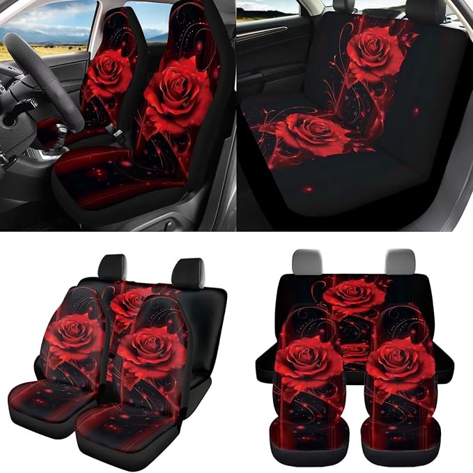 Red Rose Car Seat Covers Full Set 8 Pcs Car Accessories for Women Front Seat Cover Steering Wheel Armrest Cover Seat Belt Cover for Auto SUV Interior Decoration