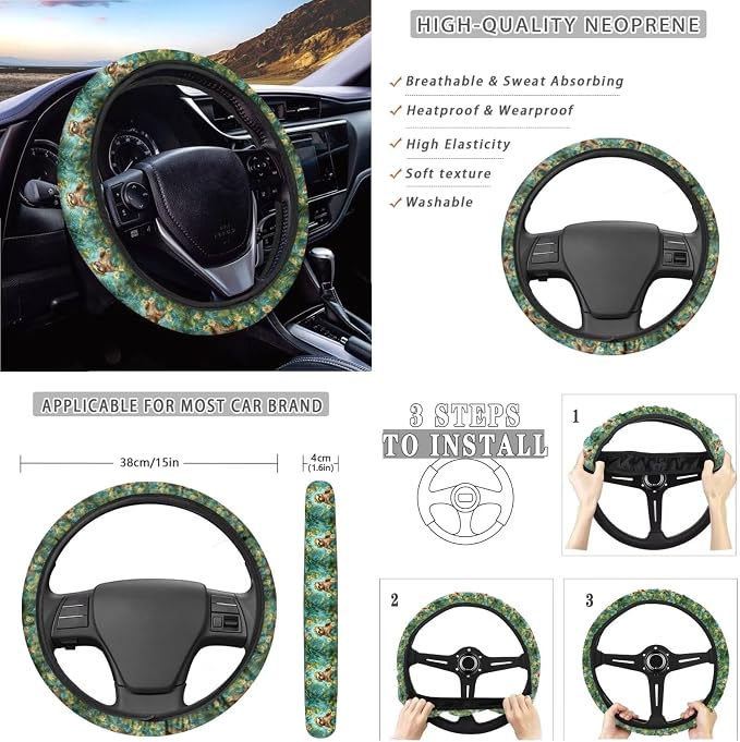 Xoenoiee Sloth Floral Leaf Print Car Seat Cover Full Set with Steering Wheel Cover, Seat Belt Cover, Coasters, Key Chains for Cars SUV, Universal Auto Accessories - 11 Pack