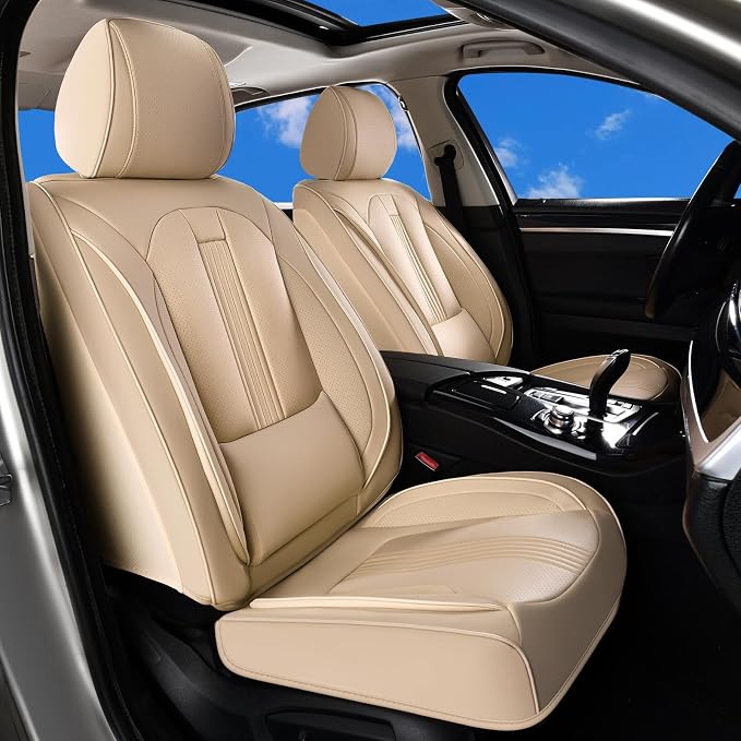 Huidasource Seat Covers Full Set, Seat Cover Nappa Leather with Lumbar Support, Side Elastic Fabric, Velcro Adjustable, Airbag, Ventilation Heating, Universal Fit for Most Cars SUV Trucks, Beige