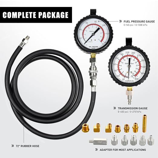 Professional Engine & Transmission Oil Pressure Gauge Kit: High/Low (0-400psi/0-100psi), 72" Hose, 13pc Adapters, Durable Case