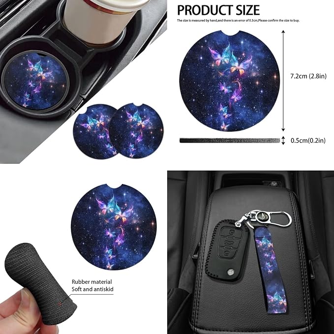 Galaxy Butterfly Car Seat Cover Set - Purple Auto Steering Wheel & Rear View Mirror Covers, Wristlet Keychains, Coasters
