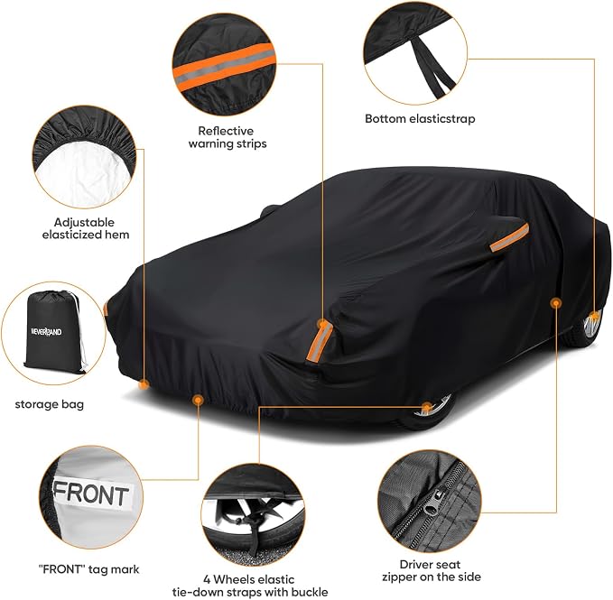 NEVERLAND Sedan Car Cover Waterproof Heavy Duty All Weather Protection Snow Anti-UV Windproof Outdoor Full Car Cover Fit for Automobiles BMW/Mercedes-Benz/Honda（for Car Size:196''L x 72''W x 59''H）