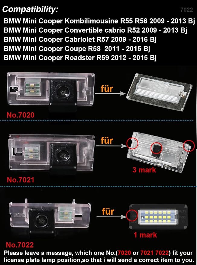 Waterproof Car Rear View Backup License Plate Light Camera Night Vision for BMW Mini Cooper Kombilimousine R55 R56/Convertible Cabrio R52/Cabriolet R57/Coupe R58/Roadster R59