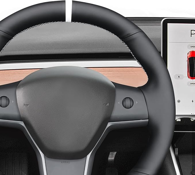 MEWANT Hand Sewn Black Smooth Real Leather Steering Wheel Cover Wrap for Tesla Model Y 2020-2023 Tesla Model 3 2017-2023