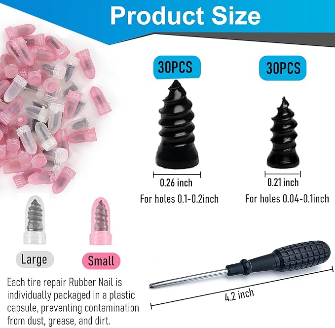 60 Pcs Tire Repair Rubber Nail, Tire Repair Rubber Nail Kit with Tire Glue,Tire Repair Screws are Suitable for Quickly Repairing Punctures in Car, Motorcycle, and SUV Tires