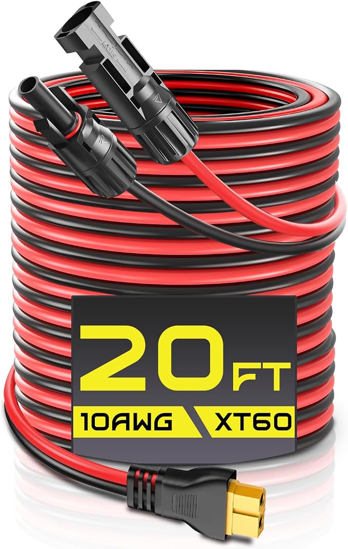 20FT 10AWG XT60 Solar Charging Cable, GIBBAB Solar Panel Connector to XT60 Extension Charge Adapter Cable with Caps & Wire Ties for LiFePO4 Battery RV Portable Power Station Generator