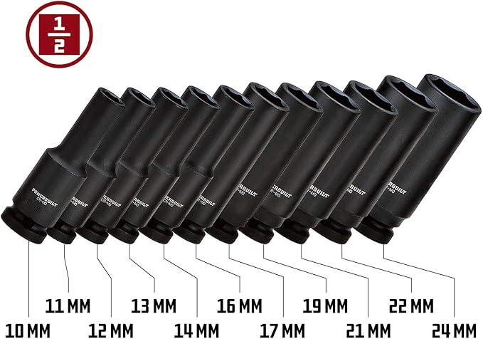 Powerbuilt Metric Deep Impact Socket Set, 1/2 Inch Drive, 6 Point, 11 Pieces, Size Markings, Z-Drive Sockets Grip - Black 647048