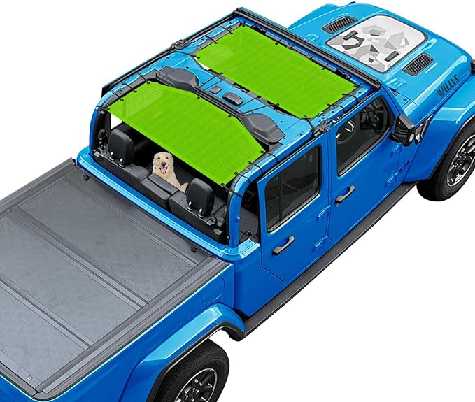 JT Top Sun Shade Roof Compatible with Jeep Gladiator 4 Door 2018 to 2023 Sunshade Sunroof Bikini Cover Blocks UV Wind Noise Green Mesh for Front and Rear 2 pcs