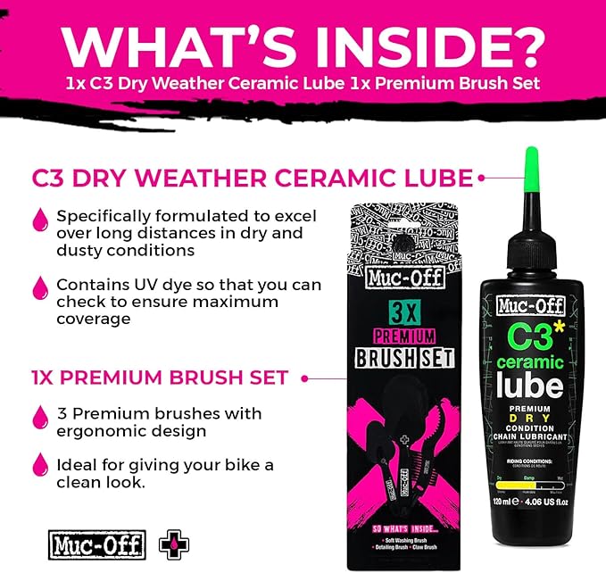 Muc-Off C3 Ceramic Dry Chain Lube 120ml + 3X Premium Bike Brush Set | Premium Bike Chain Lubricant with UV Tracer Dye | Ideal for Dry and Dusty Conditions