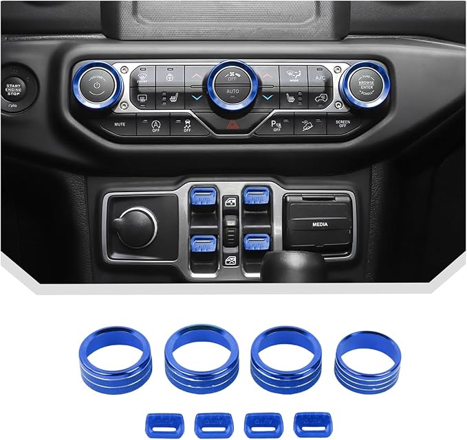 JeCar for Jeep Wrangler JL & Gladiator JT Window Switch Button Knob Cover Trim Kit, Blue Aluminum Interior Decoration Accessories (2018–2024 2025+), 8pcs