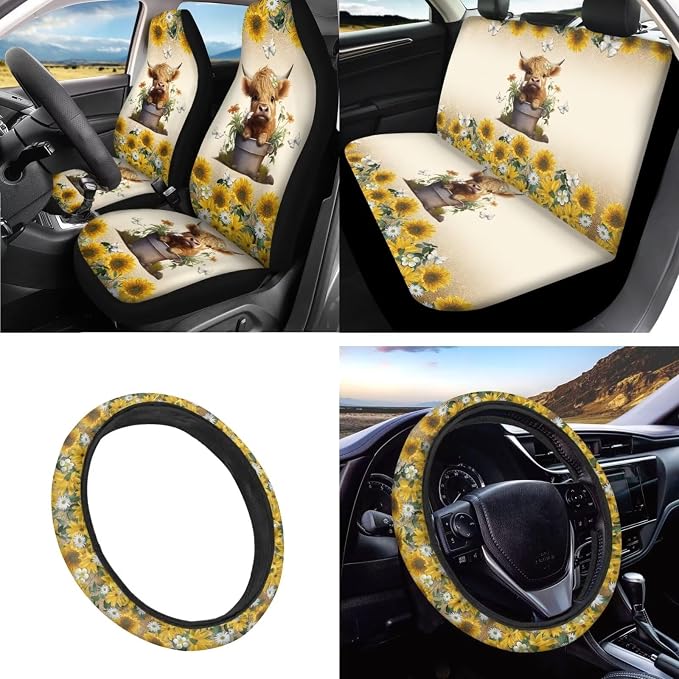 INSTANTARTS Highland Cow Sunflower 13 Pieces Seat Cover Set Car Front Seat Cover + Seat Belt Cover + Steering Wheel Cover + Keychain + Coaster + Lipstick Cover Universal Car Accessories