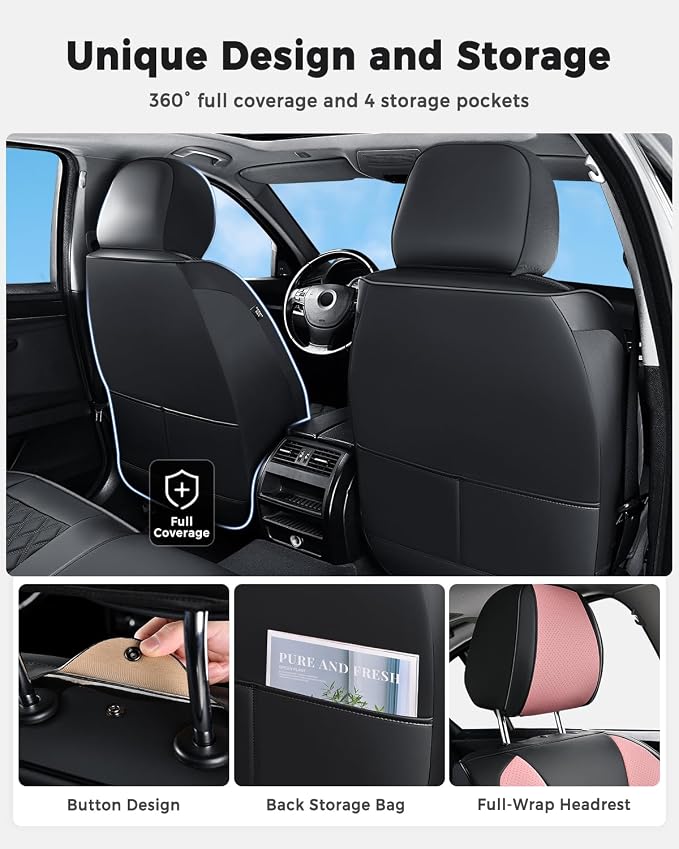 Huidasource Full Set Car Seat Covers, Premium Waterproof Faux Leather, Universal Fit for Most Cars, SUVs & Trucks, Airbag Safe, Quick to Install, Black & Pink