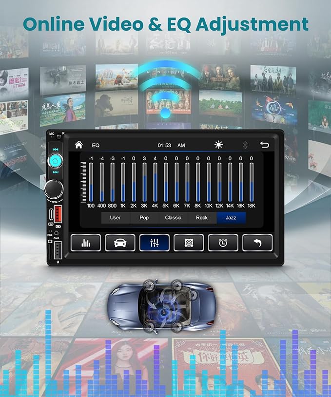 Double Din Car Stereo with Wireless CarPlay/Android Auto, 7 Inch IPS Touch Screen Radio, Bluetooth 5.2, FM Radio,Double Din Head Unit with Online Video EQ USB/Type-C/TF Card/Aux Ports Backup Camera
