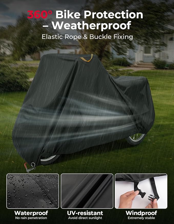 KEMIMOTO Bike Cover Outdoor, 420D Heavy Duty Trike Covers Larger Cargo Bicycle Rain Covers Storage Waterproof UV Protection Windproof Folding, Ebike Tarp for Adult Tricycles, Cargo 3 Wheel Bikes