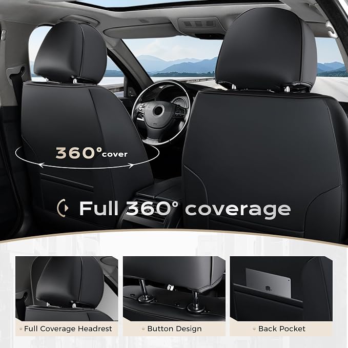 Coverado Car Seat Covers, Leather Seat Covers Full Set, Waterproof Car Seat Protector with Lumbar Support, Automotive Seat Covers Seat Cushions Universal Fit for Most Cars SUV Trucks, (Black&Beige)