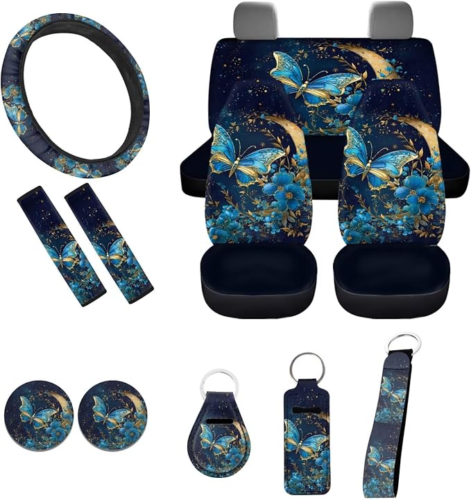 11Pcs Butterfly Car Accessory Interior Full Sets Blue Moon Butterfly Car Seat Covers Auto Seat Protection with 15Inch Neoprene Steering Wheel Cover Seatbelt Pads Keychain Seatbelt Pad