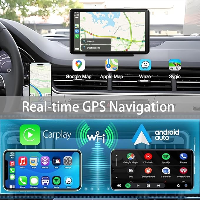 Wireless Carplay Screen for Car 7" Portable Apple Carplay & Android Auto Car Stereo with Backup Camera, GPS Navigation/Mirror Link/Voice Control Siri/Bluetooth FM, AUX for All Vehicles