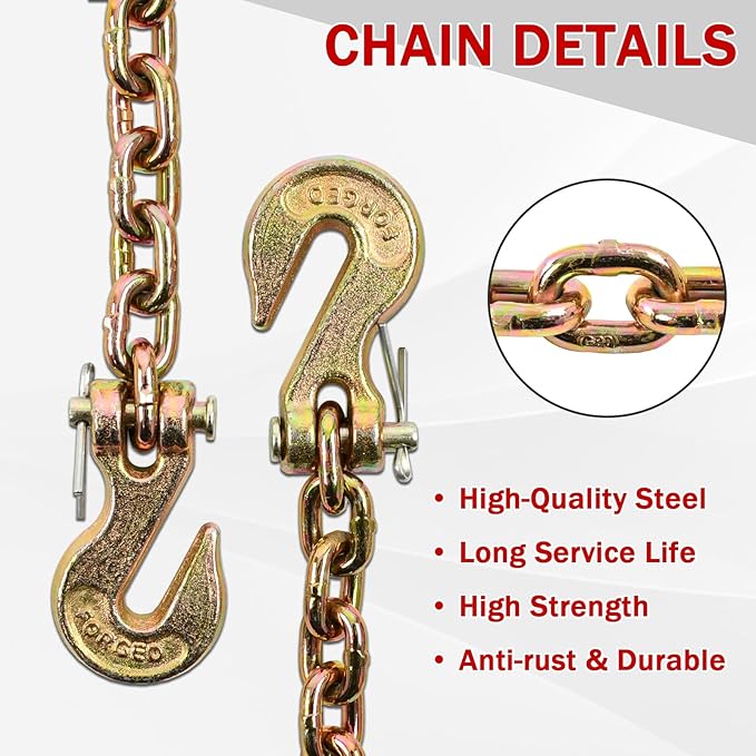 Heavy Duty G80 Transport Binder Chain 1/4'' Inch x 20 Feet,Tow Chain with G70 Clevis Grab Hooks,3300 lbs Safe Working Load Logging for Transporting, Towing(1/4'' x 20FT Yellow).