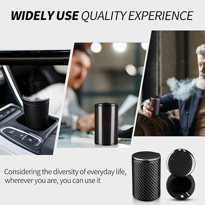 T-carbon Car Ashtray with Lid,Smokeless Ashtray for Cup Holder Smell Proof,Portable Ashtrays for Most Car, Office, Home,Glossy Black