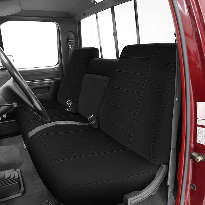 Truck Seat Cover Compatible with 1987-1991 Ford F150 Front Bench with Opening Armrest and Molded Headrest, Black