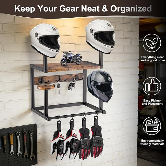 Motorcycle Helmet Hanger Wall Mount, Tiered Wooden Organizer with Metal Frame, 4 Helmet Holders, 5 Glove Clips & 3 Hooks for Accessories Storage
