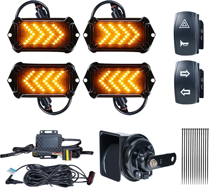 UTV Turn Signal Kit with 110dB Horn, Pre-Wired, Plug and Play UTV ATV Blinker with Rocker Switch, Rectangle Universal Street Legal Turn Signals Compatible with Polaris, Can-Am, Teryx, CFMOTO