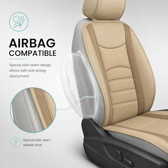 FH Group Front Set Faux Leather Car Seat Cushions for Low Back Seat, Universal Fit, Airbag Compatible Seat Cover for SUV, Sedan, Beige Tan