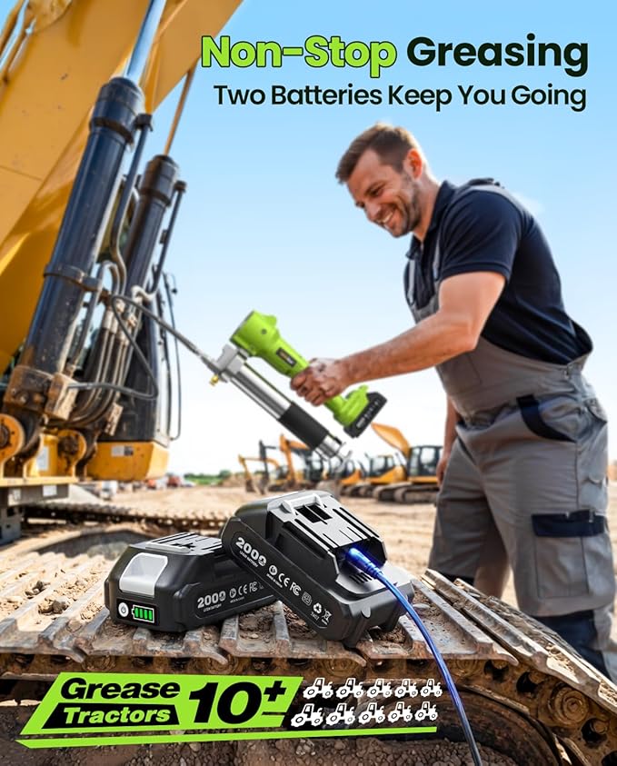 TaskStar Grease Gun with Lock-On Trigger for Effortless Greasing, Cordless Electric Grease Gun Kit, 2 Batteries, 40" Hose & LED Light, 14 oz Capacity for Tractor, Truck & Equipment Maintenance