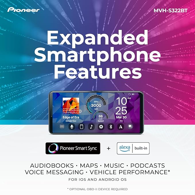 Pioneer MVH-S322BT 1-Din Digital Media Receiver – Bluetooth, USB, Color Change, FLAC, Voice Control, 50W x 4 Output, 13-Band EQ, AM/FM Radio, iPhone/Android Compatible, Front, Rear/SW Selectable RCA
