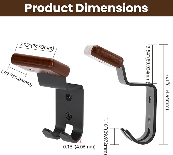 Motorcycle Helmet Holder Wall Mount - Solid Wood & Steel Gear Organizer Rack with 2 Hooks, Heavy Duty Display Hanger for Helmets, Football Gear, Ski Equipment, Hats, Jackets - 4 Pcs