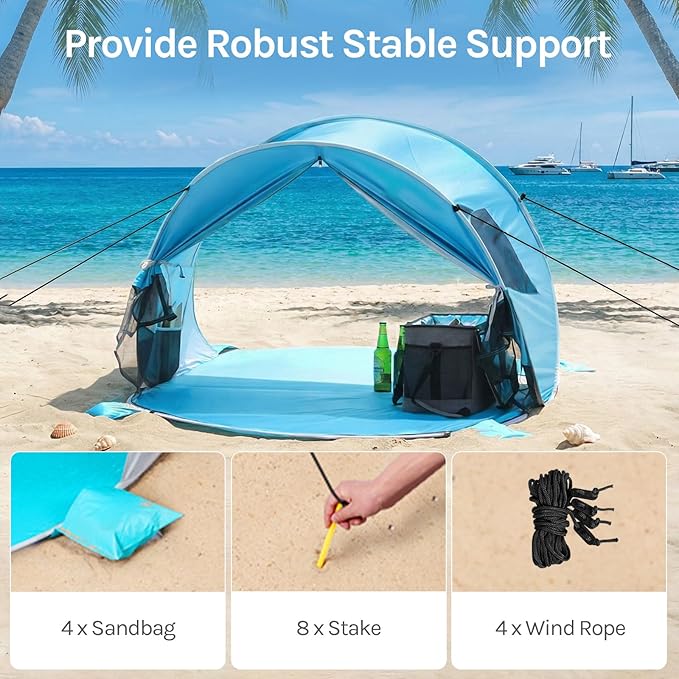 Wolfwise Pop up Beach Tent Sun Shelter with UPF50+ UV Protection, Instant Easy Setup Popup Beach Shade Canopy for 3 Person, Portable & Foldable with Carring Bag, 87 ×57×47 in, Blue