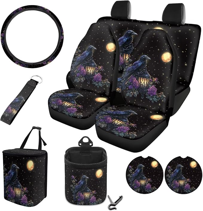 Crow Moon Rose Lantern Print 10 Pcs Car Accessories, Auto Front and Rear Seat Covers Full Set Steering Wheel Cover Air Vent Pounch Box Car Rubbish Bin Cup Coasters Keychain for Women Men