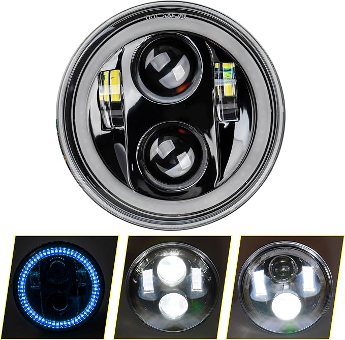 5.75inch 5-3/4 Black Motorcycle Headlight Smoked Blue Halo DRL for Indian Scout Dyna Wide Glide XL1200 XG750 883 48 Night Road Front Light