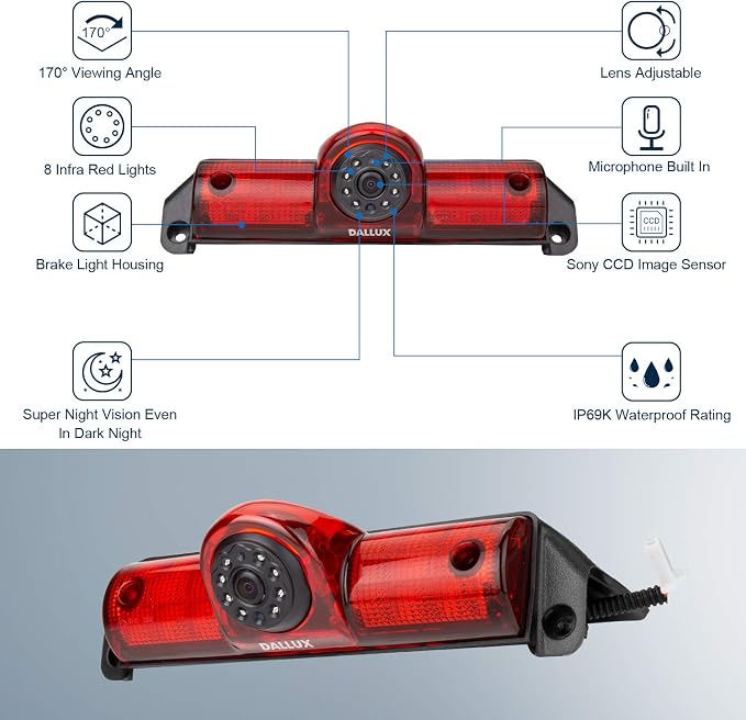 DALLUX Savana Cargo Van Brake Light Backup Camera for Transporter Chevrolet Express/GMC Savana 2003-2019/Chevy Explorer Van,3rd 170°Angle Waterproof Microphone Built-in Adjustable Lens Roof Mount Cam