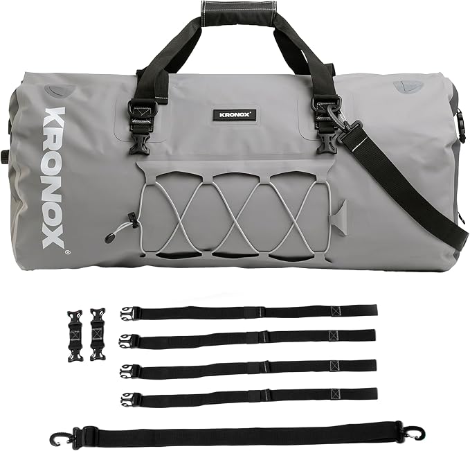 KRONOX Motorcycle Duffel Bag Waterproof, 25L Grey – Durable Motorcycle Luggage & Saddle Bags. Back Seat Dry Bag for Travel, Commute & Dirt Bike Gear
