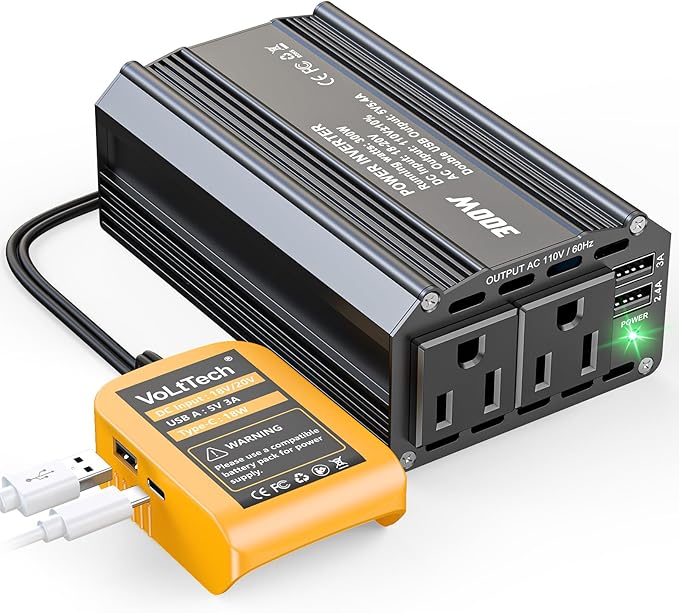 VoLtTech 300W Power Inverter 18V to 110V Compatible with Dewalt 20V Battery, Battery Inverter DC Charger Adapter with 2 AC Outlet & 2 USB Port for Vehicles, Laptop, Computer, Phone, Fan(No Battery)