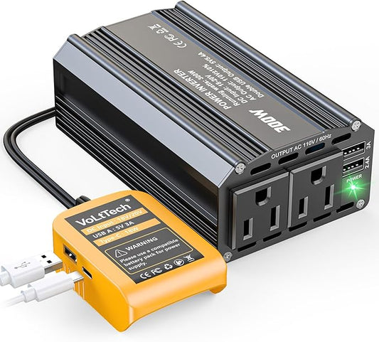 VoLtTech 300W Power Inverter 18V to 110V Compatible with Dewalt 20V Battery, Battery Inverter DC Charger Adapter with 2 AC Outlet & 2 USB Port for Vehicles, Laptop, Computer, Phone, Fan(No Battery)