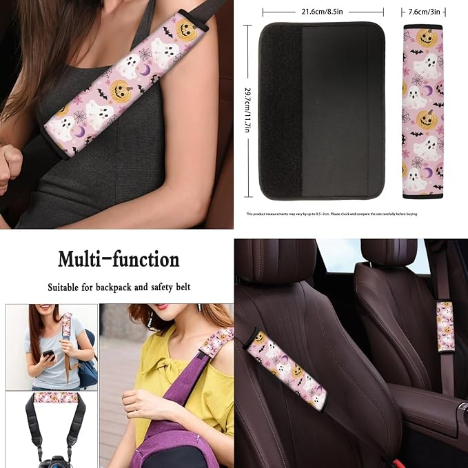 Cute Pink Halloween Print Car Seat Covers Full Set with Auto Steering Wheel Cover Auto Center Console Pad Seat Belt Covers Universal Fit SUV Truck Cars Halloween Decoratoions Gifts