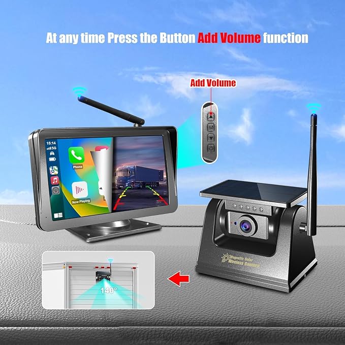 Wireless Solar Bluetooth Back up Rear View Camera for Truck,7" Apple Carplay Android Auto Touch Screen Monitor,Solar Magnetic Reverse Camera for Truck RV Cargo Trailer Camper Pickup